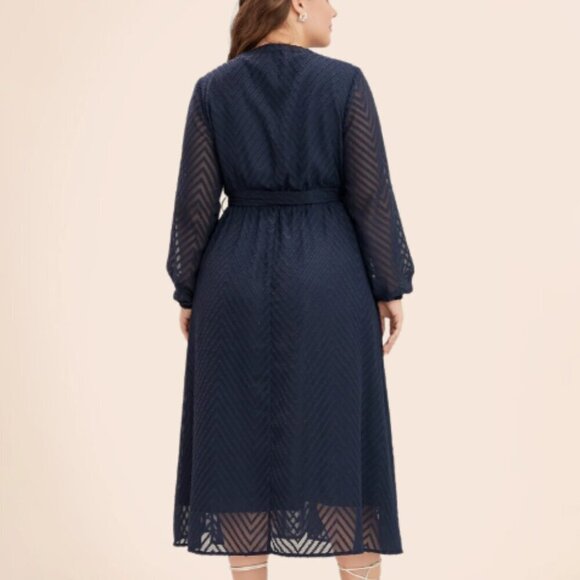 BloomChic Plus Size 2XL Solid Geometric Pocket Mesh Lantern Sleeve Belt Dress - Picture 2 of 7